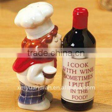 chef and wine bottle design salt and pepper shakers