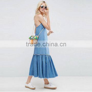 2017 Summer V Neck Cross Back Straps Maxi Long Denim Dress Woman HSD9982 photo-3