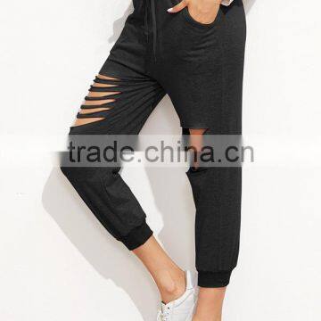 Woman's/Ladies' Black Cotton Cut Out Drawstring Pants photo-3