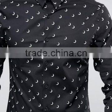 Hot Sale Custom Long Sleeve Point Collar Mens Pre-Shrunk 97% Cotton 3% Elastane Breathable Slim Fit Casual Black Printed Shirts photo-3