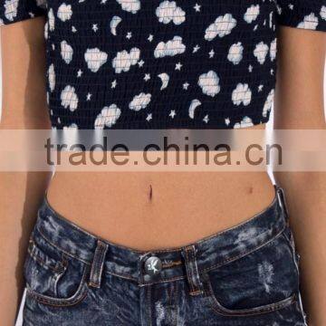 Fashion Off-shoulder Design Short Sleeve Crop Top for Women, Floarl Print Women Tank Top photo-6