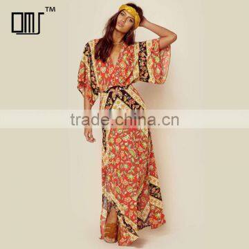 Bat sleeve printed ethnic clothing women kaftan open back design maxi dress