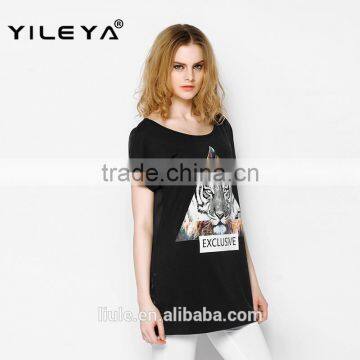 Latest Summer Fashion Long Style Tiger Pattern Print Women t Shirts Cheap, Cotton t Shirts With Transparent Back photo-2
