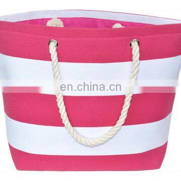 Lady Striped Canvas Tote Beach Shoulder Bag Grocery Bag Pink White