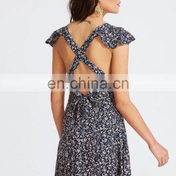 Florals Square Neck Criss Cross Bow Tie Back Beach Dress Sexy Model Hot Photos photo-3