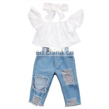 Plain white fly sleeve top matching denim pants 2pcs girls suit factory direct sale