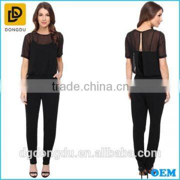 Latest Style Hot Sale Illusion Short Sleeves Elasticized Waist Jumpsuit For Women