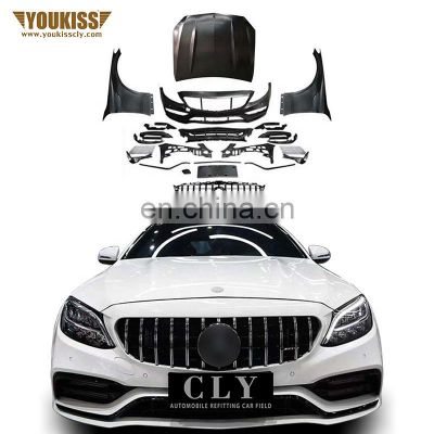 Genuine PP Front Bumper ABS Car Grille For Benz C Class W205 15-21 Upgrade C63 AMG Flat-angel Style Engine Hood Fender Body Kits