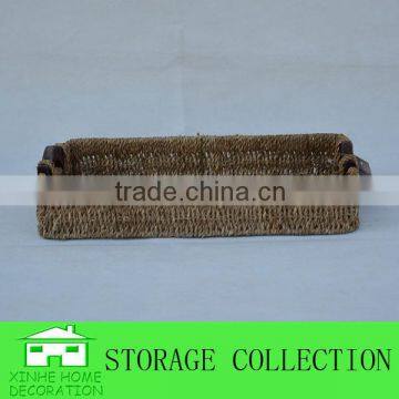 Rectangular Seagrass Woven Chocolate Packaging Food Tray With Wood Handle