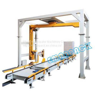 Rotating arm stretch wrapper-pallet wrapping machine