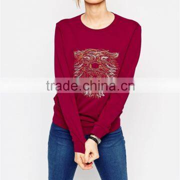 tiger embroidered O-collar women hoodies without hood OEM service