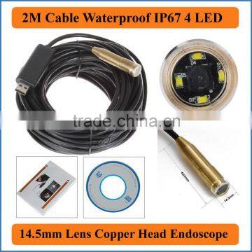 2M USB Cable Length Waterproof IP67 4 LEDs 14.5mm Lens Mini Copper Head Endoscope Inspection Camera Borescope Tube Snake Scope