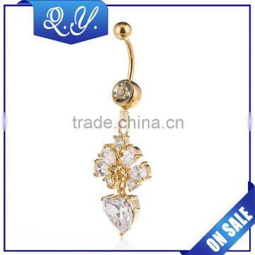 Dangling Flower Design Gold Plated CZ Navel Jewelry Body Piercing