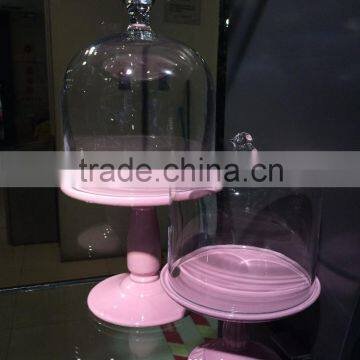 Clear dome Pink Ceramic base Glass cake stand