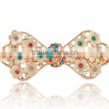 fashionable bow shape alloy crystal and plastic acrylic flowers barrette