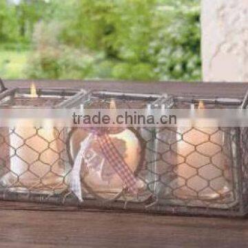 handmade wire mesh glass candle holder or flower pot decorated by willow heart and ribbon (46-10399)