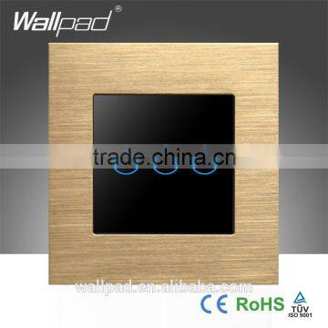 Best Quality Wallpad 110-250V Touch Waterproof Gold Metal Frame Glass 3 Gangs Soft Wall Touch Screen Light Switch