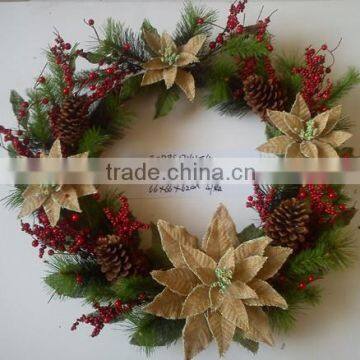 christmas artificial poinsettia and berries wreath champagane for home decoration