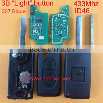 433Mhz ID46 Chip for Peugeot 307 3 button flip remote car key with VA2 blade (With Trunk and Light button)