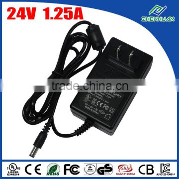 UL FCC 24V mass power AC adapter 24V 1.25A 30W with US power plug