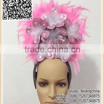 New Style Cheap Pink Flower Headdress Pink Diamond Turkey Feather Samba Headpiece