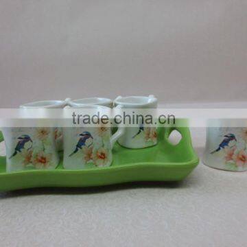 blue bird pink flower decal ceramic small 6 cups with green tray