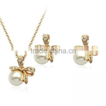 White Ball Pearl Bowknot Gold Silver Plated Simple Pendant Necklace Stud Earring Jewelry