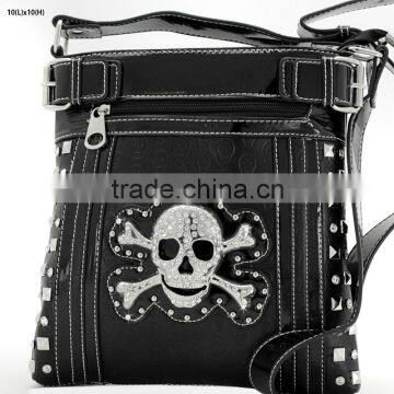 BLACK WESTERN RHINESTONE STUDDED SKULL MESSENGER HANDBAGS