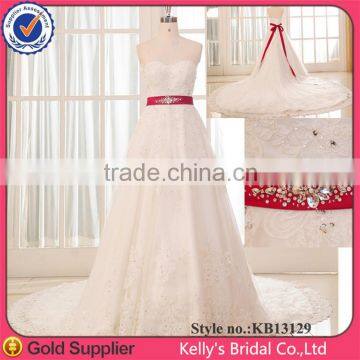 Real photoes appliqued long trail lace wedding dresses with redbelt