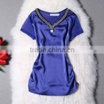 Ladies Crystal Beaded Necklace Design V Neck Tops Elegant Short Sleeve Slim Satin Mesh Patchwork Women Blouses 2016 Summer