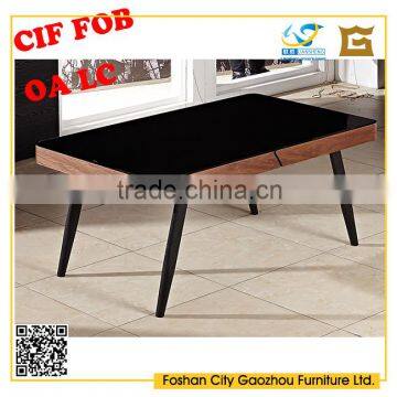 E1MDF walnut veneer tempered glass top dining table with iron legs