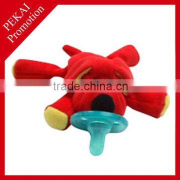 Super soft infant plush red dog toy with baby dummy pacifiers, the pacifier