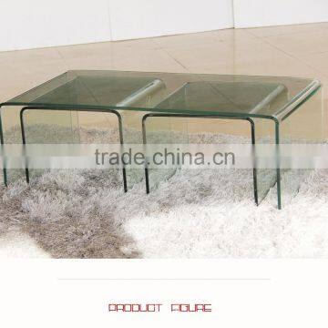 Classic Design Special Shape All Glass Transparent Coffee Table Glass Top 1+2 Cafe Table