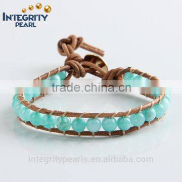 6mm natural Aquamarine seed bead wrap bracelet, wrap bracelet leather beads, stone beads bracelet