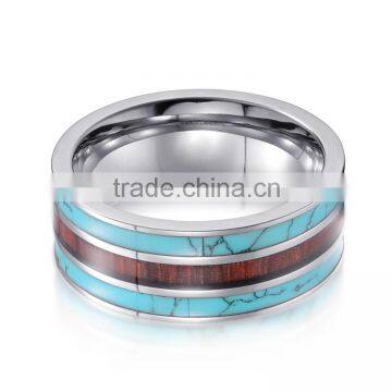 Fashion Tunsgten Wedding Bands Rings Inlay Turquoise and Wood photo-3