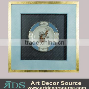 Gold Solid Wooden Frame Ceramic Plate Bird Pattern Shadow Box Wall Art