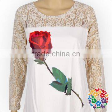 2017 Latest Women Blouse Rose Flower Printing Lace Sleeve Women Shirts photo-4
