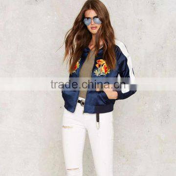 HAODUOYI Women Blue Winter Poppy Writer Bomber Jacket photo-2