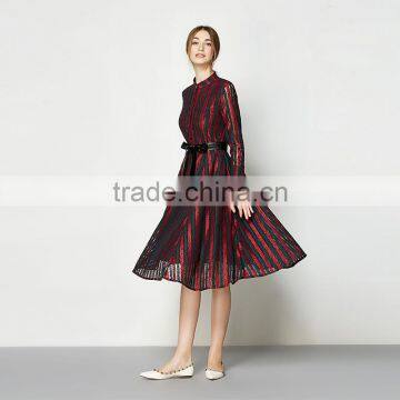 Stylish Women's Black Long Sleeve Striped Pattern Lace Long Patchwork Party Long Dress photo-3