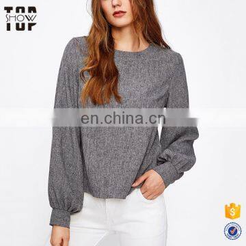 Oem factory polyester blouses bishop sleeve button back tops and blouses fashion 2017