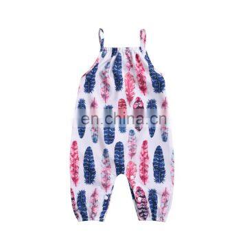 Colorful feather patten gallus romper Jumpsuit beautiful Girls Daily Wear bodysuit