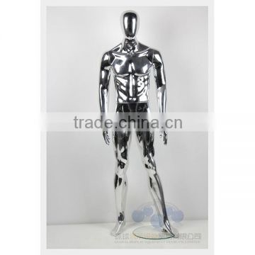 Full body standing silver chrome male mannequin with egg head