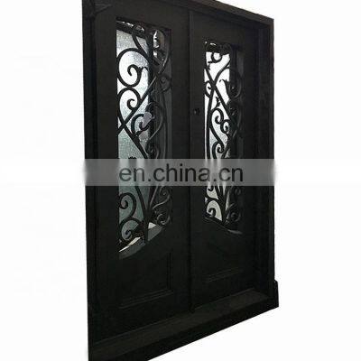 flat top modern villa main metal designs unique scrolls model tempered glass double swing water proof iron exterior front door