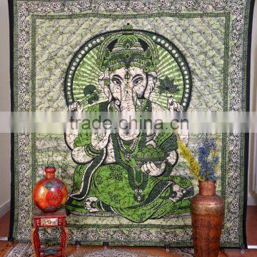 Indian Tapestry Cotton Lord Ganesha Print Green Vintage Wall Hanging Tapestries Throw Spiritual Hinduism Bedsheet