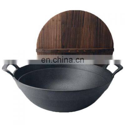 Big Size Camping Pot With Wood Lid Chinese Cast Iron Woks Pan photo-3