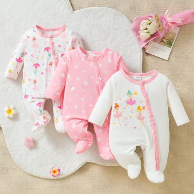 3pcs Newborn Baby's Cartoon Pentagram & Dancer Pattern Footed Bodysuit, Casual Long Sleeve Romper, Toddler & Infant Girl's Onesie For Spring Fall, As Gift