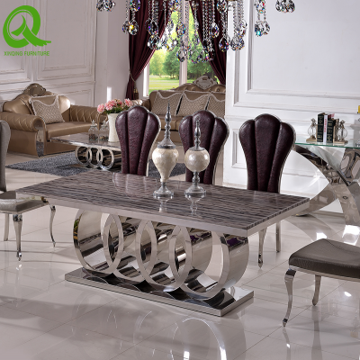 Modern high quality factory direct dining room stainless steel frame marble top  8 seater dining tables sets