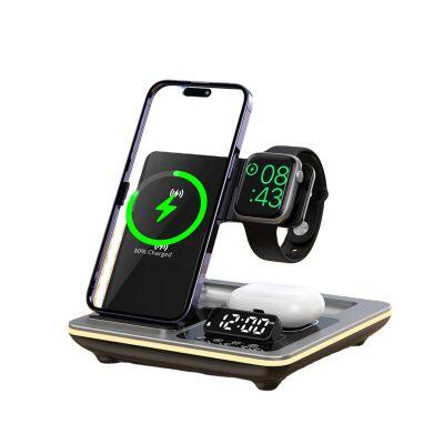 Automatic Lifting 3-in-1 Wireless Charging Fast Wireless Charger with LED Light Mobile Phone Earphone Watch Wireless Charging