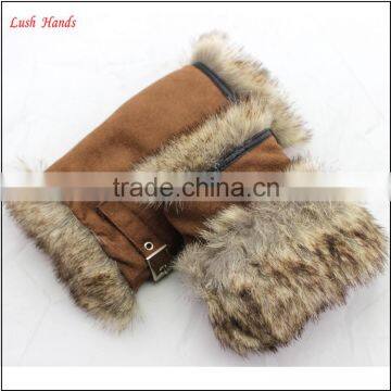 sexy style women wearing half finger faux suede leather glove with fur cuff