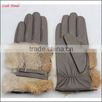 Women's Grey Wholesale Sheepskin Dresses Leather Gloves With Brown Rabbit Fur photo-3
